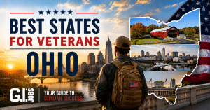 Best States for Veterans Ohio graphic highlighting Veteran jobs, aerospace careers, benefits and relocation opportunities