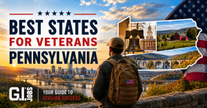 Best States for Veterans Pennsylvania graphic highlighting Veteran jobs, benefits, housing, VA healthcare and relocation opportunities