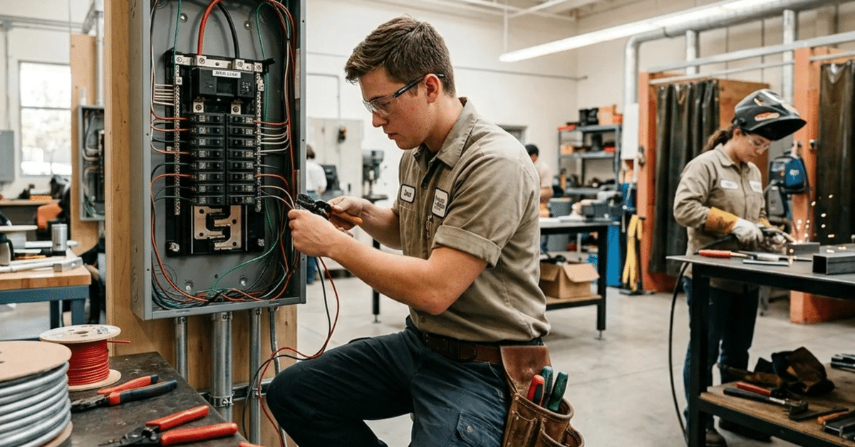 Adult student practicing electrical skills in a technical training workshop.